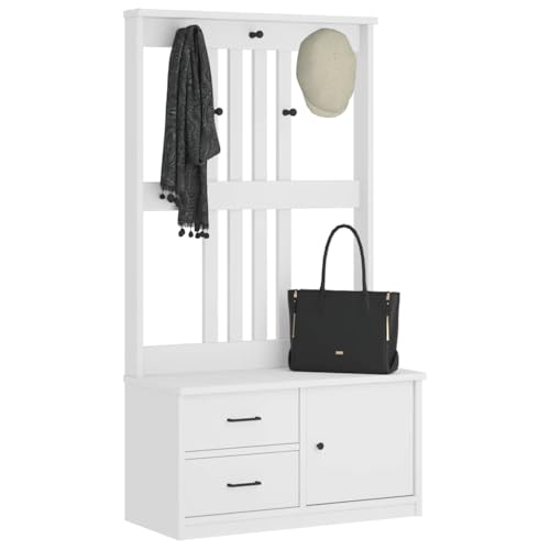 SANDNES Garderobenständer Weiß 87x40x159,5cm, Massivholz Kiefer, Flurmöbel mit 2 Schubladen, Haken, Schuhablage für Eingangsbereich SANDNES Garderobenständer Weiß 87x40x159,5cm, Massivholz Kiefer, Flurmöbel mit 2 Schubladen, Haken, Schuhablage für Eingangsbereich von Mandloder