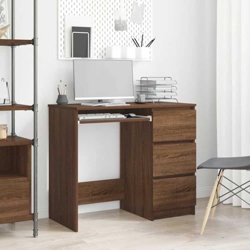 Schreibtisch Braun Eichen-Optik 90x45x76 cm, Moderner Bürotisch mit 3 Schubladen, Stabiler Computertisch aus Holzwerkstoff für Büro, Schlafzimmer und Home-Office von Mandloder