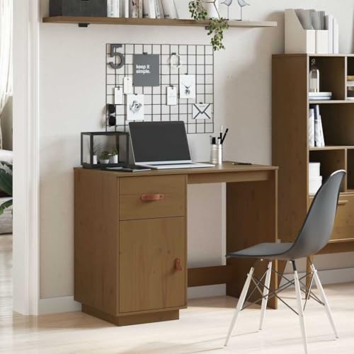 Schreibtisch Honigbraun 95x50x75cm, Massivholz Kiefer Computertisch mit Schublade und Tür für Büro Home-Office von Mandloder