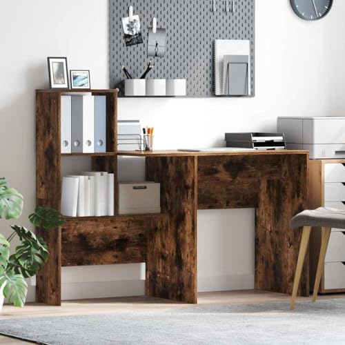 Schreibtisch Räuchereiche 131,5x50x106,5 cm, Holzwerkstoff, Matter Rahmen, integrierte Regale, ideal für Home Office, Studenten, Gaming, Büro von Mandloder