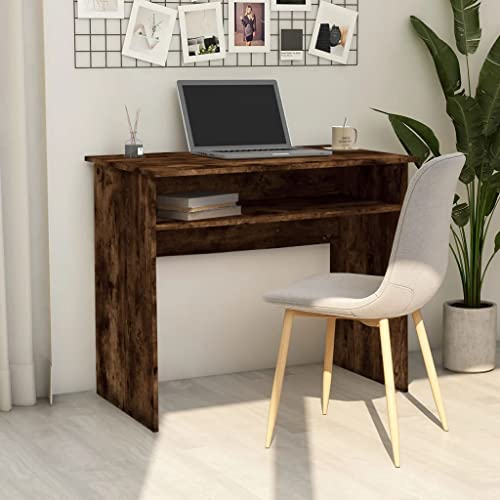 Schreibtisch Räuchereiche 90x50x74 cm, langlebiger Holzwerkstoff, robuster Computertisch für Home-Office & Schlafzimmer, mit praktischem Ablagefach von Mandloder