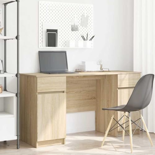 Schreibtisch Sonoma Eiche 140 x 49 x 76 cm, robuster Holzwerkstoff Bürotisch mit 2 Schubladen, Regalen, Türen für Home Office & Arbeitszimmer von Mandloder