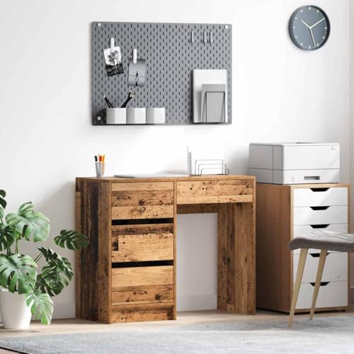 Schreibtisch mit Regal, Altholz Optik, 90 x 37.5 x 75 cm, Holzwerkstoff, Kompakter Computertisch für Home Office, mit 3 Schubladen & Ablagen von Mandloder