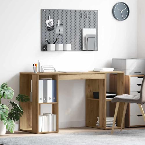 Schreibtisch mit Stauraum Eiche handwerklich, 130x50.5x75 cm, moderner Computertisch für Home Office, Robustes Holzmöbel von Mandloder
