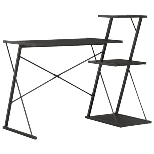 Schreibtisch mit integriertem Regal, Schwarz, 116x50x93 cm, moderner Computertisch für Homeoffice oder Schlafzimmer, stabiles Arbeitsmöbel mit X-Beinen von Mandloder