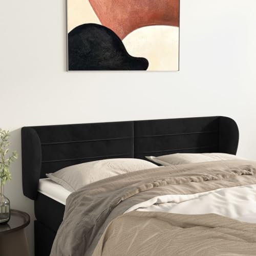 Schwarzes Kopfteil mit Ohren, Samt, 147x23x78/88 cm, verstellbar, klassisches Design für Schlafzimmer, Stabiler Wandschutz Schwarzes Kopfteil mit Ohren, Samt, 147x23x78/88 cm, verstellbar, klassisches Design für Schlafzimmer, Stabiler Wandschutz von Mandloder
