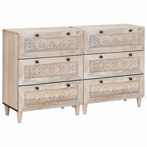 Sideboard 2er Set, Weiß, 60x33x75 cm, Massives Mangoholz, mit 6 Schubladen, für Wohnzimmer, Esszimmer und Küche, Eleganter Stauraum von Mandloder