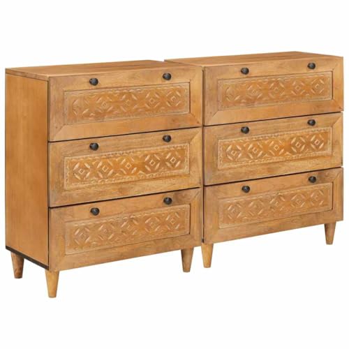 Sideboard 2er Set Braun, 60x33x75 cm, massives Mangoholz, mit 6 Schubladen, Stauraum für Wohnzimmer, Esszimmer von Mandloder
