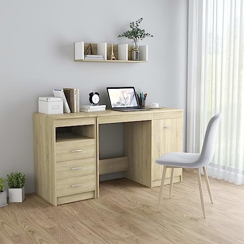 Sonoma-Eiche Schreibtisch, 140x50x76 cm Holzwerkstoff Büro Computertisch mit 3 Schubladen und Tür, robuster Arbeitstisch für Heimbüro und Schlafzimmer von Mandloder