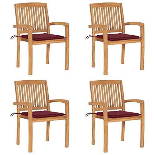 Stapelbare Gartenstühle Massivholz Teakholz mit Kissen 4er-Set, fein geschliffen 60x57.5x90cm robust und wetterfest für Garten, Terrasse & Outdoor Möbel, langlebig platzsparend von Mandloder