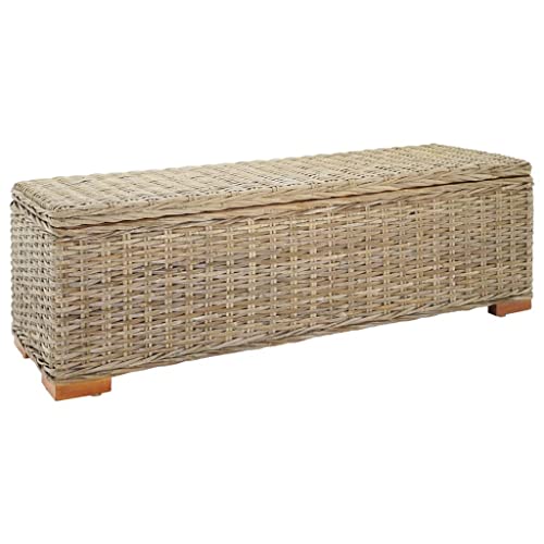 Truhe 110 cm Natur Kubu Rattan & Massivholz Mahagoni, Robuste Sitzbank für Flur, Schlafzimmer und Eingangsbereich, Handgeflochtene Aufbewahrungsbank von Mandloder