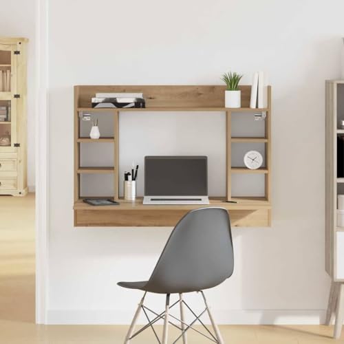 Wandtisch Eiche handwerklich 105 x 48 x 75 cm, Moderner Schreibtisch aus Holzwerkstoff mit mattem Finish und Regal, Platzsparender Computertisch für Home-Office & Laptop von Mandloder