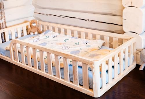 Mandrele - Montessori Bett, Bodenbett mit Lattenrost, Rausfallschutz Bett, Kinderbett, Holzbett mit Bettgestell für Jungen und Mädchen, Baby Bett, 190x90cm, Natur Holz von Mandrele