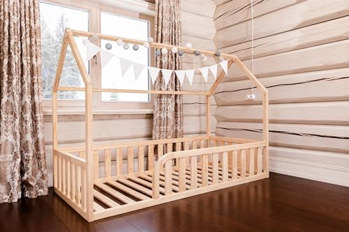 Mandrele - Montessori Bett, Hausbett mit Lattenrost, Rausfallschutz Bett, Bodenbett, Kinderbett, Holzbett mit Bettgestell für Jungen und Mädchen, Baby Bett, 190x120cm, Natur Holz von Mandrele