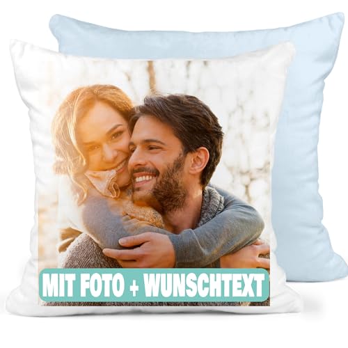 Manevito Personalisiertes Kissen mit Foto & Text 40 x 40cm - Kissen mit Foto selbst gestalten - Fotokissen mit Druck und Wunschtext weiß-blau von Manevito