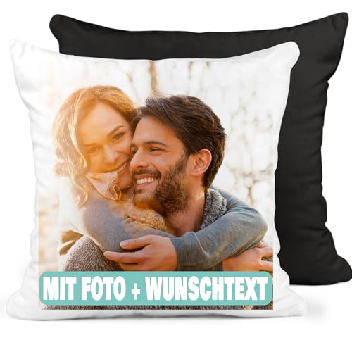 Manevito Personalisiertes Kissen mit Foto & Text 40 x 40cm - Kissen mit Foto selbst gestalten - Fotokissen mit Druck und Wunschtext weiß-schwarz von Manevito