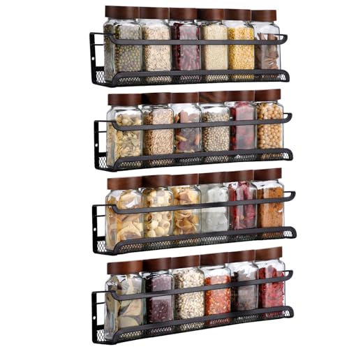 Manfâ Gewürzregal 4er Set Schwarz - Metall Spice Rack mit Netz-Einsatz - Ohne Bohren (Klebepad & Schrauben) - Für Küche, Schranktür, Bad - 29x7x7cm - Rostfrei & Stylisch von Manfâ