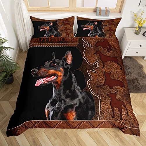 3D Dobermann Hund Bettbezug Set S Größe,braunes Rindsleder Patchwork Bettwäsche Set Kinder Jungen Teens Männer,Doggy Haustier Tiere Tröster Bezug Vintage Schwarz Quilt Cover,1 Kissenbezug von Manfei