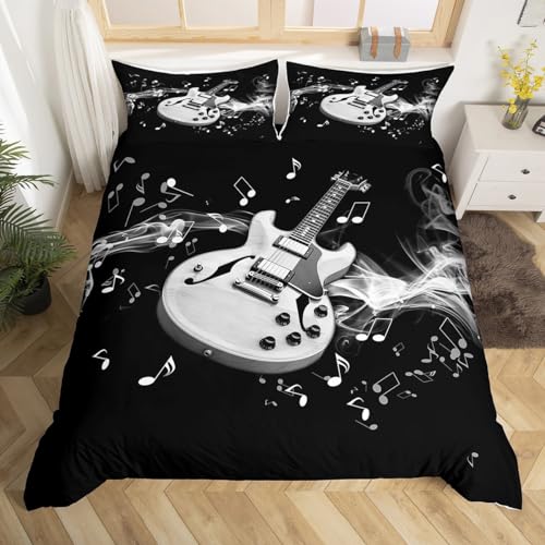 3D Gitarre Bettwäsche Set M Größe,Rock Musik Gitarre Bettbezug Set Kinder Jungen Teens Zimmer Dekor,weiße Musik Noten und Rauchige Tröster Abdeckung Mode Hip Hop Schwarz Quilt Cover,1 Kissenbezug von Manfei