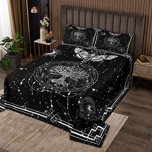 Abstrakte Baum Bettwäsche S Größe, Gotische Tote Motte Bettwäsche Set Sonnenmond Sternenhimmel Konstellation Tröster Set Kinder Mädchen Jungen Teens Geometrie Schwarz Weiß Quilt Set von Manfei