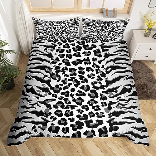 Abstrakte Leopard Bettbezug Set S Größe,Gepard Zebra Haut Streifen Bettwäsche Set,Kinder Mädchen Frau Zimmer,Rustikale Bauernhaus Tier Pelz Tröster Abdeckung,Schwarz Retro Quilt Cover,1 Kissenbezug von Manfei
