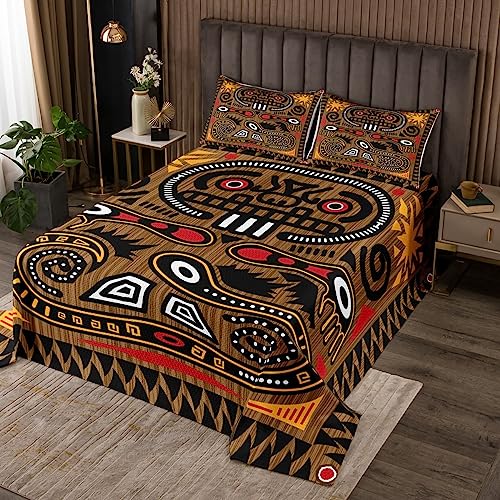 Abstrakte Schlange Bettwäsche L Größe Vintage Azteken Tribal Bettwäsche Set,Kinder Mädchen Jungen Erwachsenenzimmer Dekor Boho Stil Tröster Set Geometrische Schwarze braune Streifen Quilt Set von Manfei