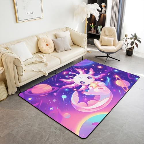 Axolotl Kinder-Teppich, Stern-Galaxie, Planet, Weltraum, Innenbereich, Bodenmatte, Eingangsteppich für Mädchen und Jungen, Cartoon-Tiere, verträumt, rutschfest, Rosa, Lila, Couch, Wohnzimmer von Manfei