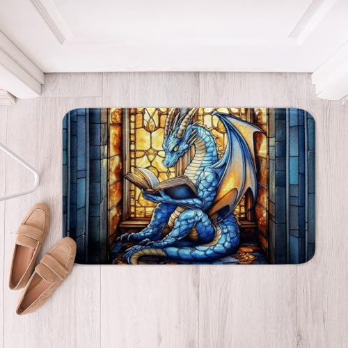 Badematten für Kinder, Motiv: Westerndrache, blauer Drache, Lesebuch, Bücherregal, Teppiche für Jungen und Mädchen, geometrisches Patchwork, abstrakte Badteppiche, Trippy Chic Badteppiche, saugfähige Badematten für Kinder, Motiv: Westerndrache, blauer Drache, Lesebuch, Bücherregal, Teppiche für Jungen und Mädchen, geometrisches Patchwork, abstrakte Badteppiche, Trippy Chic Badteppiche, saugfähige von Manfei