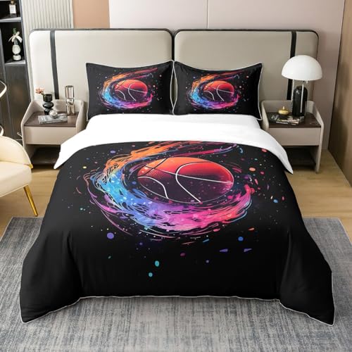 Basketball-Bettbezug aus 100 % natürlicher Baumwolle, Queen-Size-Bett, Sportthema, Aquarell, Graffiti-Ball, Spielliebhaber, superweiches Bettwäsche-Set, für Jungen und Teenager, Basketball-Muster, 3 von Manfei
