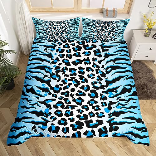 Blauer Leopard Druck Bettbezug Set S Größe,Zebra Haut Streifen Patchwork Bettwäsche Set,Kinder Mädchen Frau Zimmer Dekor,Wilde Tiere Pelz Tröster Abdeckung,Edle Mode Quilt Cover,1 Kissenbezug von Manfei