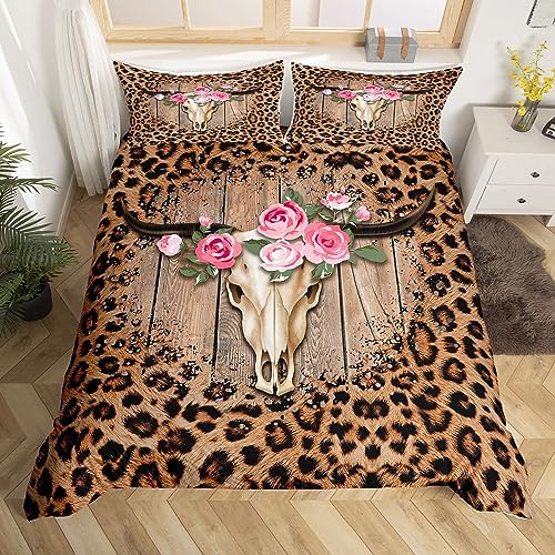 Bull Schädel Bettbezug Set M Größe Braun Leopard Druck Bettwäsche Set Kinder Frau Männer Zimmer Dekor Wilde Geparden Tier Haut Tröster Abdeckung Rosa Rose Romantische Quilt Cover,1 Kissenbezug von Manfei