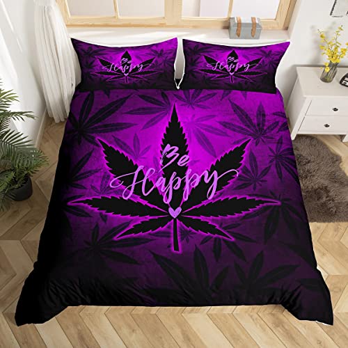 Cannabis Blatt Bettbezug Set S Größe Lila Unkraut Bettwäsche Set für Teens Erwachsene Zimmer Dekor,Marihuana Unkraut Tröster Abdeckung Solid Color Quilt Cover,1 Kissenbezug von Manfei