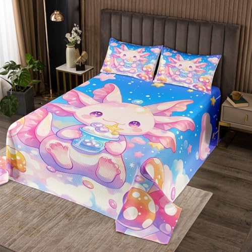 Cartoon Axolotl Kinder Bettdecke S Größe, Sternwolken Pilz Blase Coverlet Set, Mädchen Jungen Zimmer Dekor, Schönes Tier Träumig Quilted Coverlet, Bunte Bettwäsche Quilt, 1 Kissenbezug von Manfei