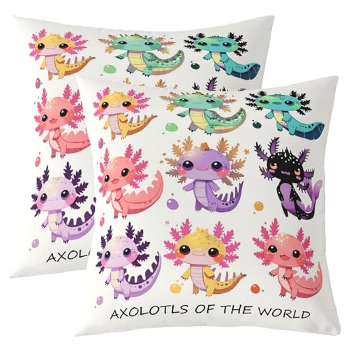 Cartoon Axolotl Kinder werfen Kissen Abdeckung, Regenbogen Kawaii Tier Blase Doppelseiten Kissenhülle, niedliche Kreatur Mode Heimdekor, rosa lila gelb Bett Sofa Kissen Abdeckung, 2 Packung 60x60 cm von Manfei