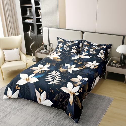 Cartoon Blumen Blätter Kinder Bettdecke Set L Größe 100% Baumwolle, Plam Blatt Boho Botanischer Raum Dekor, Natürliche Pflanze Rustikale Abdeckung, Dunkelblau und Weiß, 2 Kissenbezüge (kein Füller) von Manfei