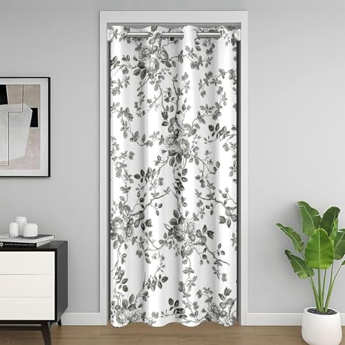 Cartoon Blumen Blatt Kinder Tür Vorhang,Natürliche botanische Pflanze Blackout Vorhang,Rustikale Bauernhaus Boho Schlafzimmer Tür Wohnzimmer Dekor,Schwarz Weiß Privatsphäre 1 Panel,52" W X 80" L von Manfei