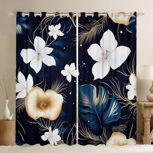 Cartoon Blumen Kinder Fenstervorhänge, Palmblatt Pflanze Botanische Jungen Mädchen Zimmer Dekor, Floral Boho Vintage Fenstervorhänge, Dunkelblau 2 Panels, XXL Größe Cartoon Blumen Kinder Fenstervorhänge, Palmblatt Pflanze Botanische Jungen Mädchen Zimmer Dekor, Floral Boho Vintage Fenstervorhänge, Dunkelblau 2 Panels, XXL Größe von Manfei