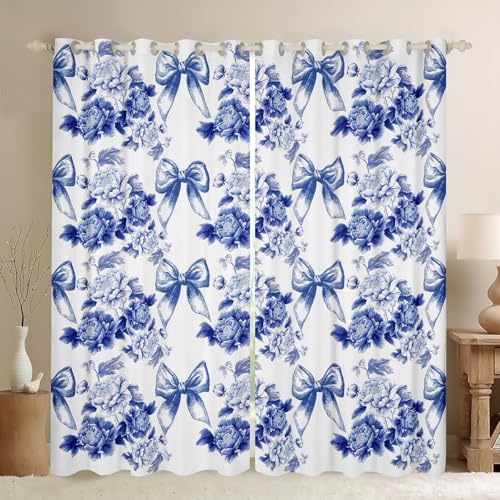 Cartoon Bowknot Fenstervorhänge,Blumen Blätter Botanische Land Fenstervorhänge,Krawatte Coquette Jungen Mädchen Zimmer Dekor,Blaue 2 Panels,L Größe von Manfei
