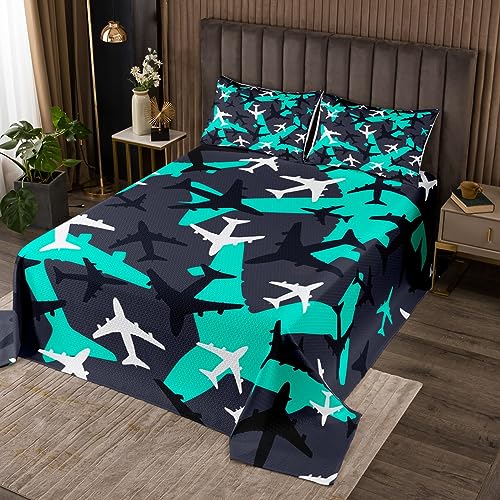 Cartoon Flugzeug Tagesdecke M Größe Blau Grün Flugzeug Bettwäsche Set Armee Camo Tröster Set Kinder Jungen Teens Männer Schlafzimmer Dekor Schwarz Weiß Camouflage Coverlet Quilt,2 Kissenbezug von Manfei