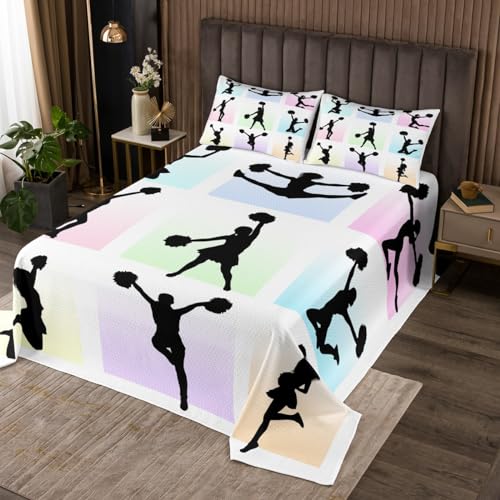 Cheerleading Tagesdecke S Größe,Cheerleader Silhouette Bettwäsche Set Kinder Mädchen Frau Zimmer Dekor,Regenbogen Bunte quadratische Plaid Tröster Set Tanzen Sport Liebhaber Quilt Coverlet von Manfei