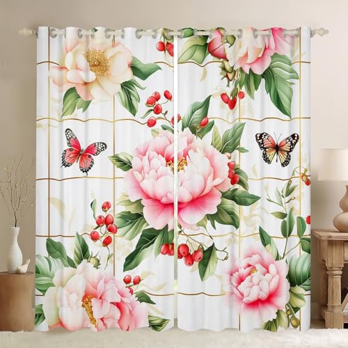 Chrysanthemum Blackout Vorhänge, Blumen Blätter botanische Fenstervorhänge, Blumen Schmetterling Insekten Kindergarten Schlafzimmer Spielzimmer Dekor, Rosa Grün 2 Panels, XL Größe von Manfei