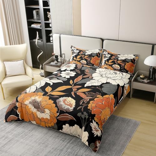 Chrysanthemum Blumen Kinder Bettdecke Set L Größe 100% Baumwolle, Blumenblatt Blätter botanische Raumdekoration,Rustikale Bauernhaus natürliche Abdeckung,schwarz Orange, 2 Kissenbezüge (kein Füller) von Manfei