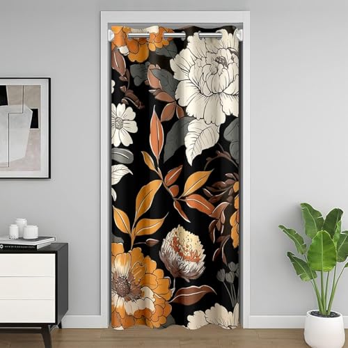 Chrysanthemum Blumen Kinder Tür Vorhang,Blumen Blatt Blätter botanische Blackout Vorhang,Rustikale Bauernhaus natürliche Schlafzimmer Tür Wohnzimmer Dekor,Schwarz OrangeVorhang 1 Panel,52" W X 80" L von Manfei