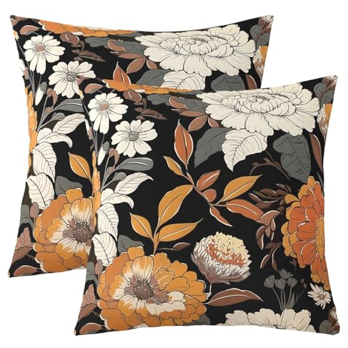 Chrysanthemum Blumen Kinder werfen Kissen Abdeckung, Blumen Blatt Blätter Botanische Doppelseiten Kissenhülle, Rustikale Bauernhaus natürliche Heimdekor, schwarz orange Bett Couch ,2 Packung 22 "x22" von Manfei