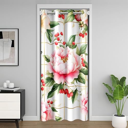 Chrysanthemum Kinder Tür Vorhang, Blumen Blätter botanische Verdunklung Vorhang, Blumen Schmetterling Insekt Schlafzimmer Tür Wohnzimmer Dekor, Rosa Grün Privatsphäre 1 Panel, 60 "W X 80" L von Manfei