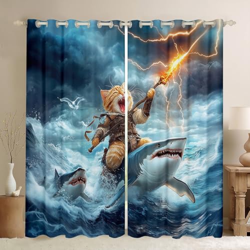 Cool Cat Boys Mädchen Zimmer Dekor, Möwe Hai Meer Ozean Tier Fenster Vorhänge, Lichtkunst Fantasy Blackout Vorhänge, Blau Gelb 2 Panels, S Größe Cool Cat Boys Mädchen Zimmer Dekor, Möwe Hai Meer Ozean Tier Fenster Vorhänge, Lichtkunst Fantasy Blackout Vorhänge, Blau Gelb 2 Panels, S Größe von Manfei