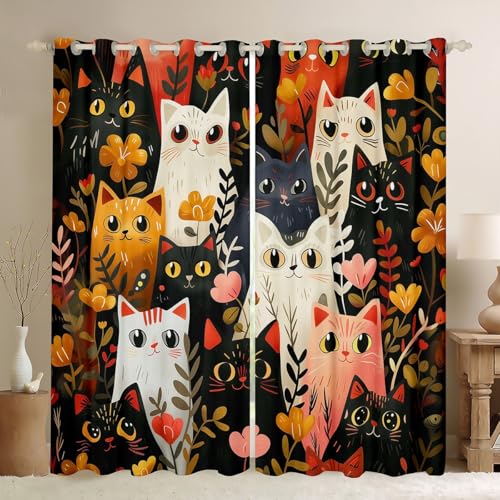 Cute Cat Fenster Vorhänge,Blätter Blume Floral Dreamy Kinderzimmer Spielzimmer Dekor,Cartoon Tier Mode Mädchen Jungen Zimmer Dekor,Schwarz Weiß Rot 2 Panels, XXL Größe von Manfei
