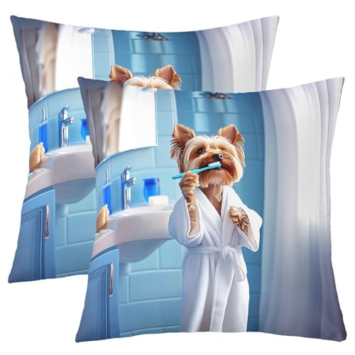 Cute Dog Kids werfen Kissen Abdeckung, Tier Bademantel Zahnbürste Doppelseiten Kissenhülle, Cartoon Dramatic Fantasy Home Decor, Blaue weiße Bettcouch Sofa Kissen Abdeckung, 2 Packung 45x45 cm von Manfei