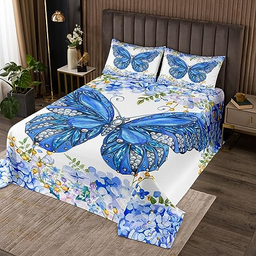 Diamant Schmetterling Tagesdecke S Größe Blau Lila Floral Bettwäsche Set Natur Tiere Botanische Tröster Set Kinder Mädchen Frauen Erwachsener Raum Dekor Mode Luxus Quilt Coverlet,1 Kissenbezug von Manfei