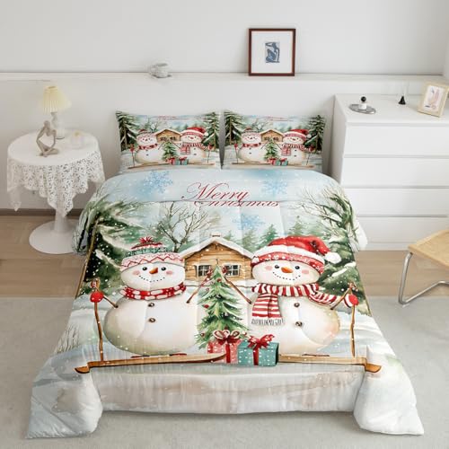 Doppel-Bettwäsche-Set mit Schneemann-Ski, Cartoon-Weihnachtsmotiv, wendbares Bettwäsche-Set für Mädchen und Kinder, Retro-Bauernhaus-Kabine, 2-teiliges Bettwäsche-Set, Motiv: Merry Christmas Thema, 1 von Manfei